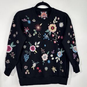 JOHNNY WAS Embroidered Black Sweatshirt Womens XS Martine Pockets 3/4 Sleeves